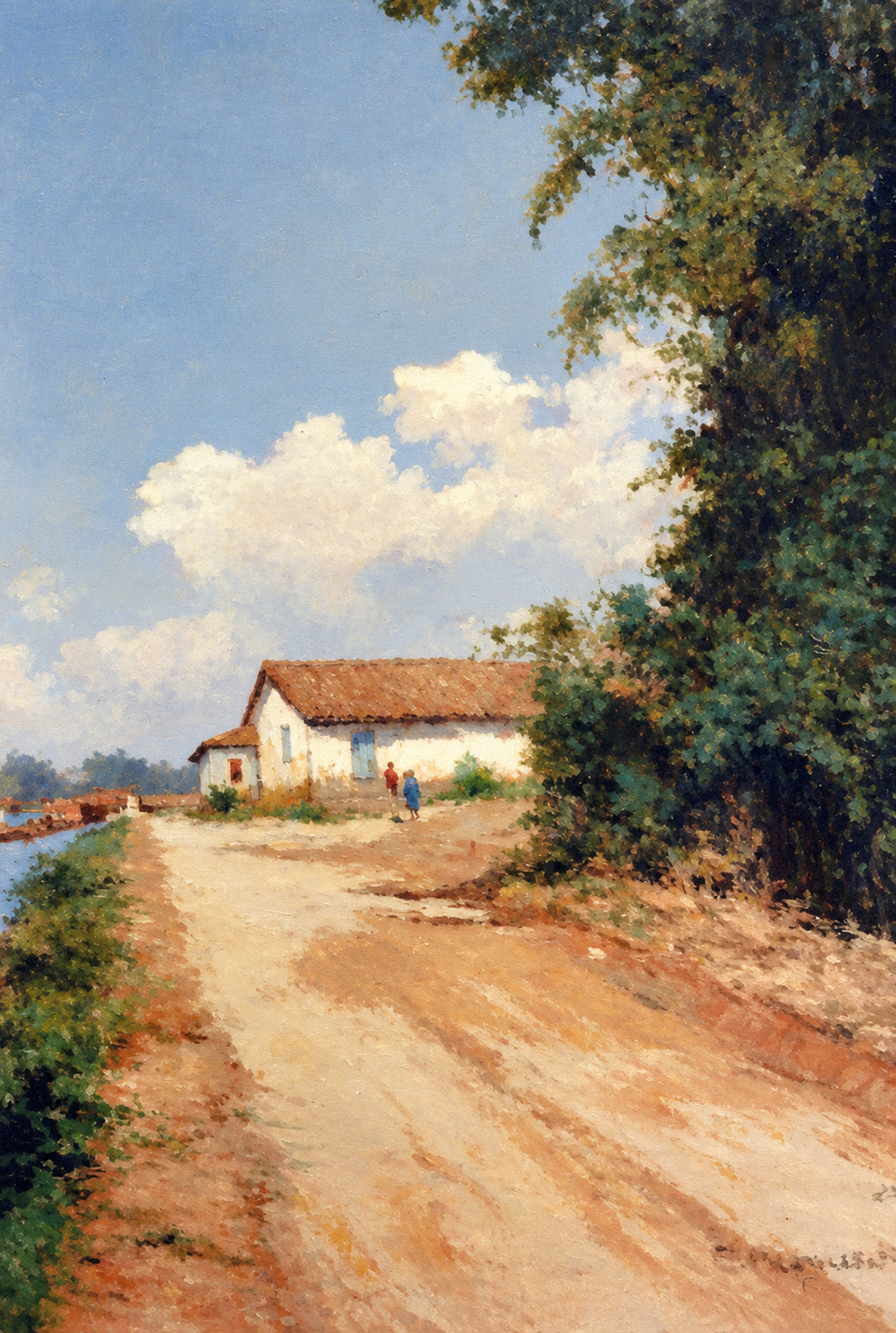 Caminho do Casario — Caminho de terra conduz a uma casa entre árvores e nuvens.