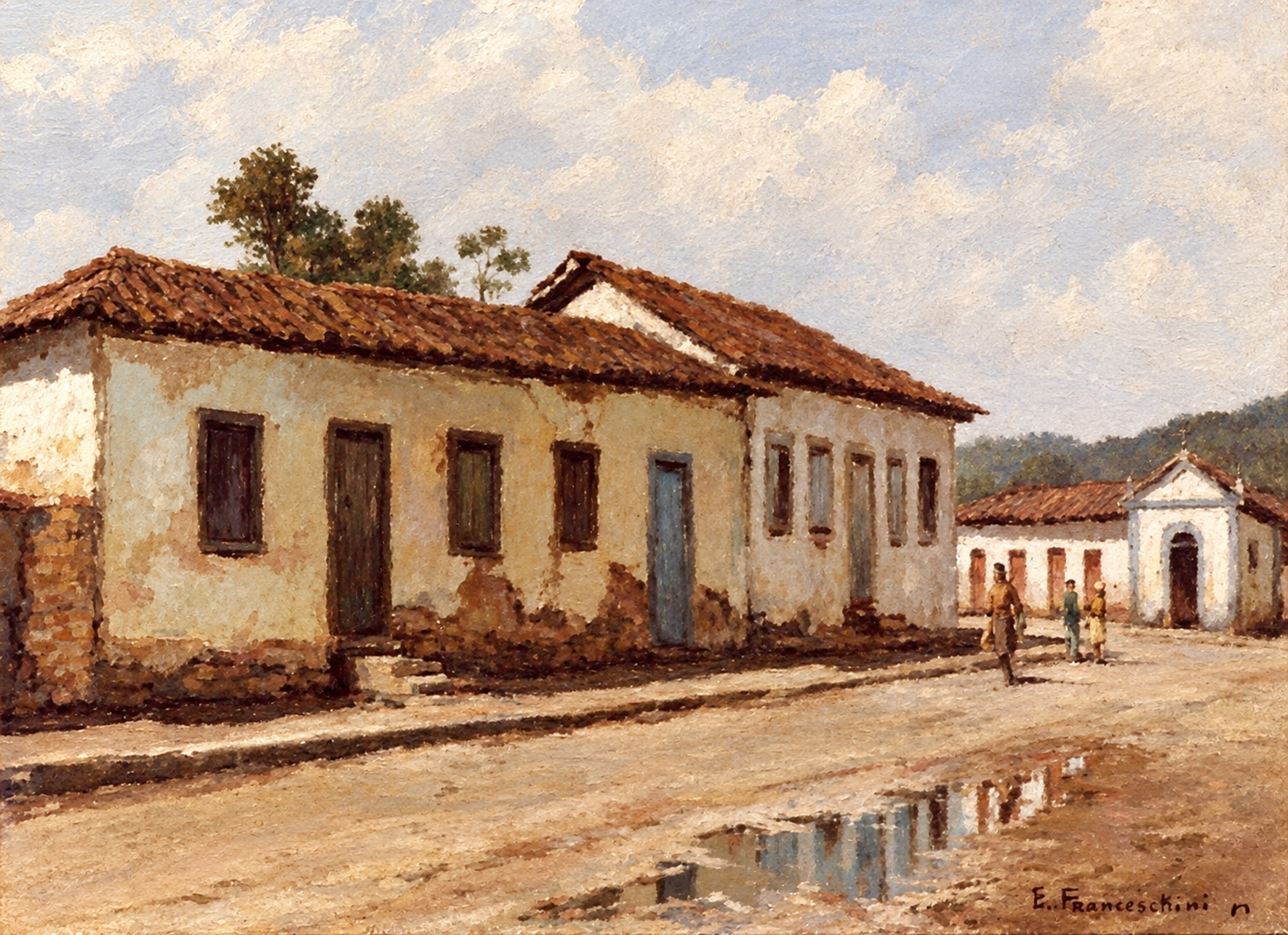 Fazenda Cataguá — Casario de fazenda com figuras na rua e reflexos em uma poça.