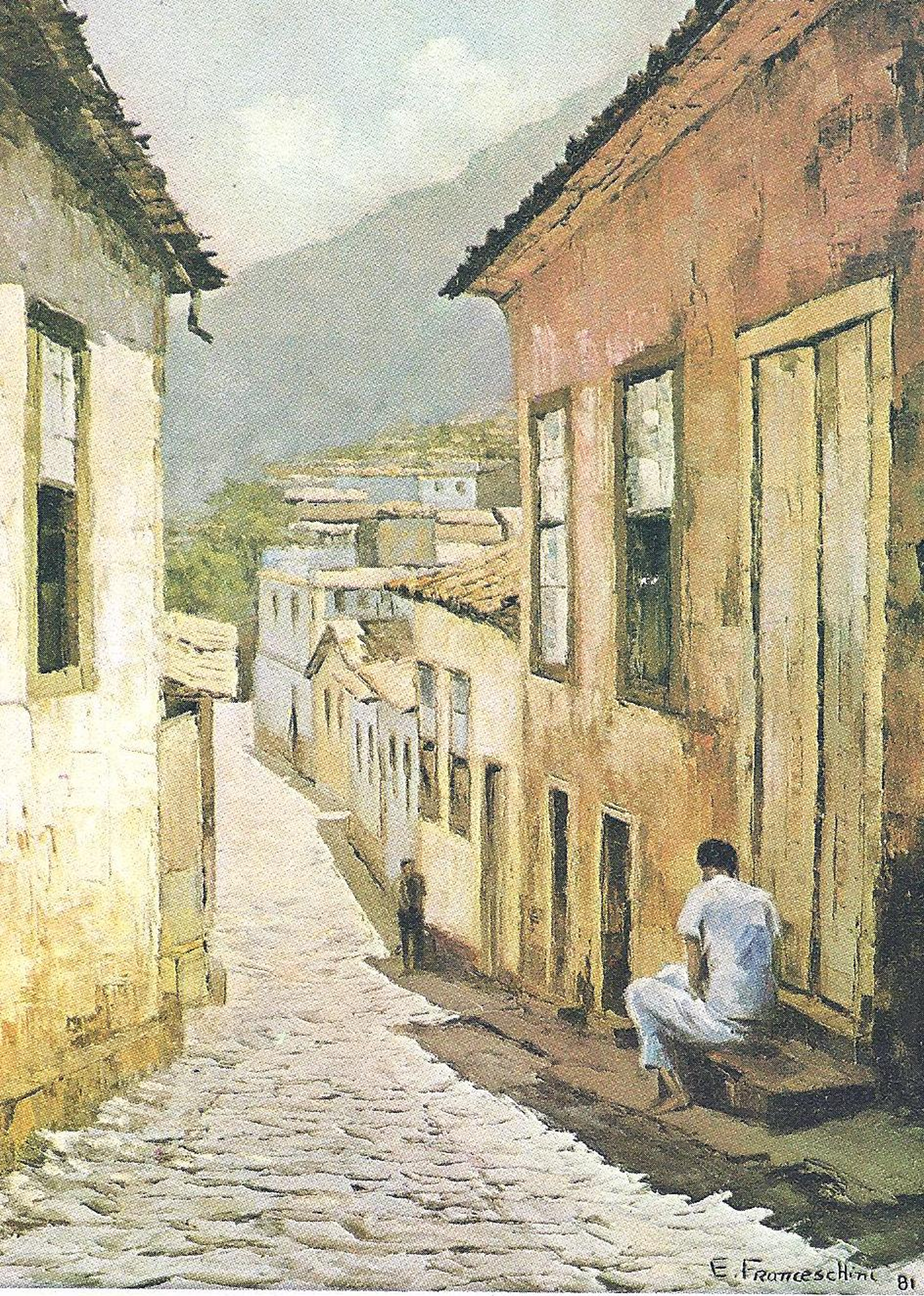 Ladeira — Uma figura sentada acompanha a perspectiva de uma ladeira entre casas.