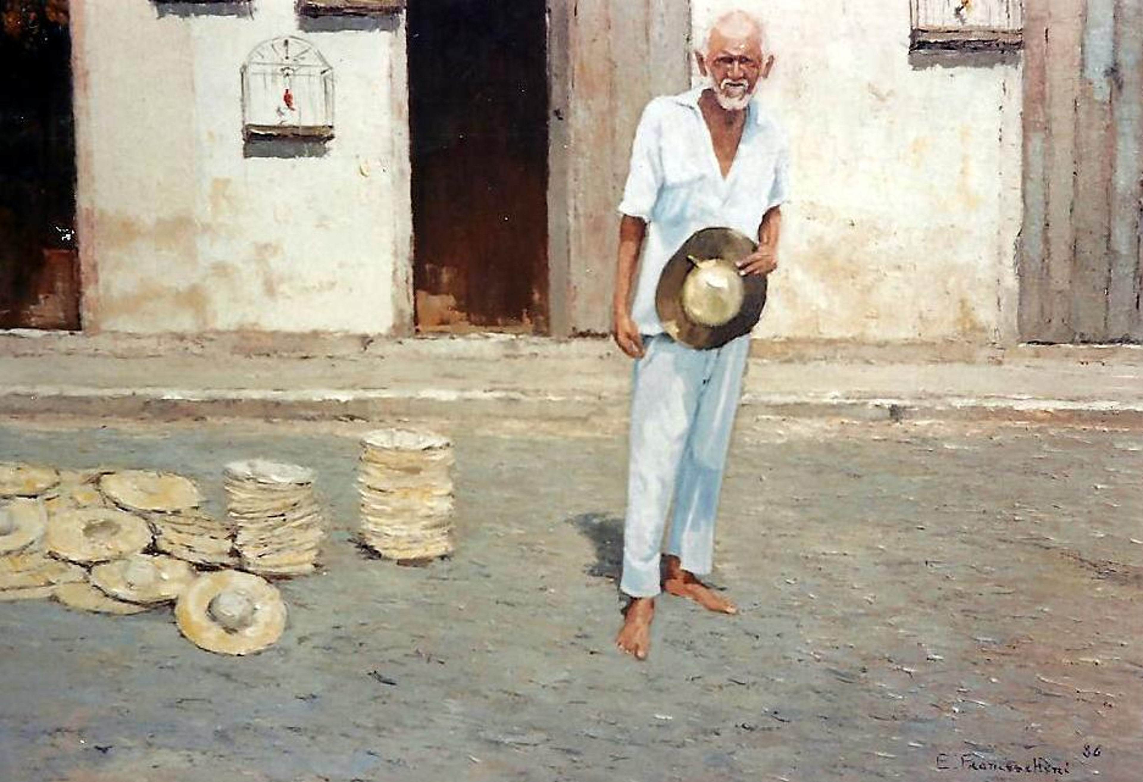 O vendedor de chapéus — Vendedor segura um chapéu junto a pilhas de chapéus na rua.