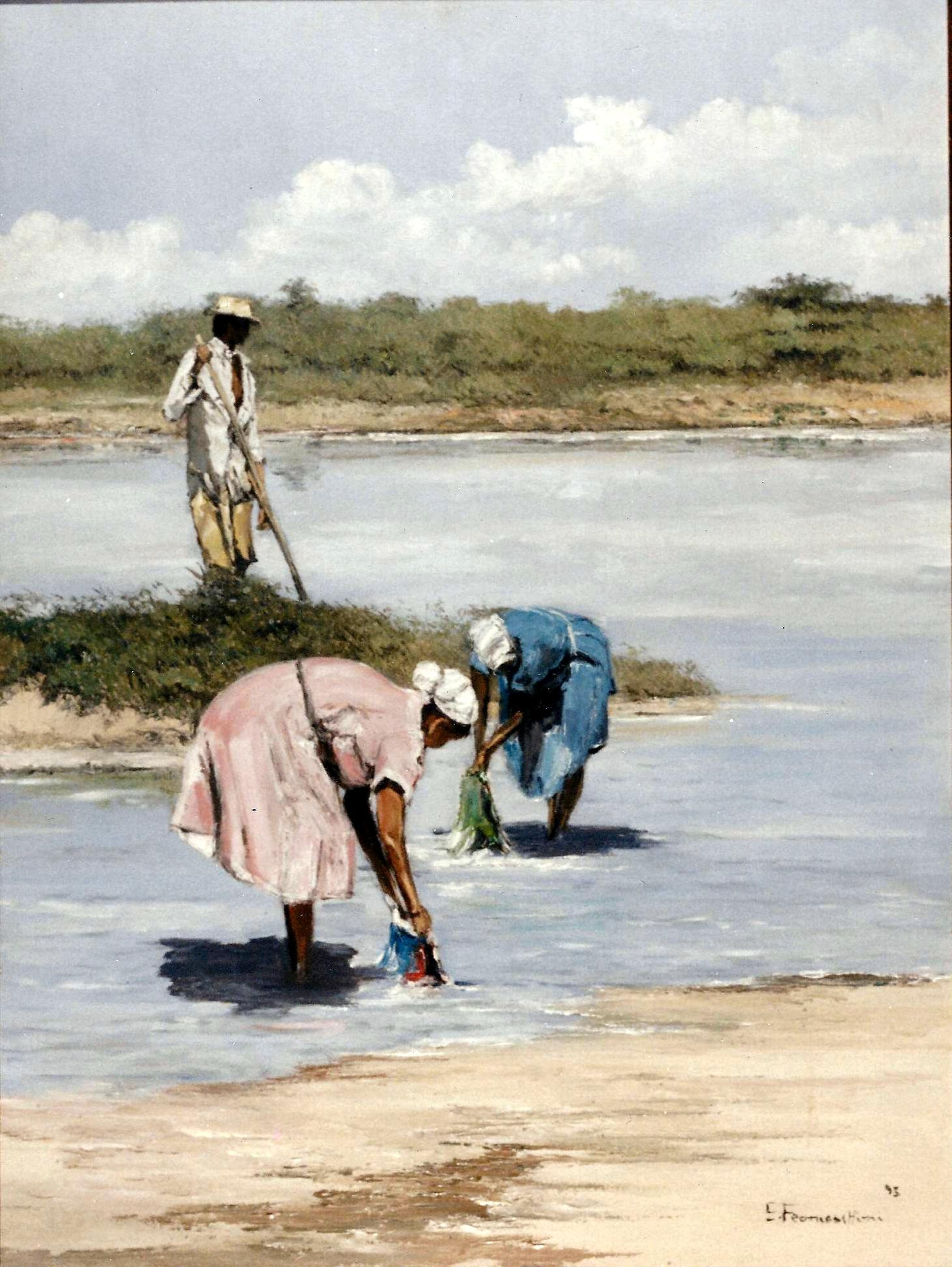 Lavando — Figuras lavam roupas à beira d’água em uma paisagem aberta.
