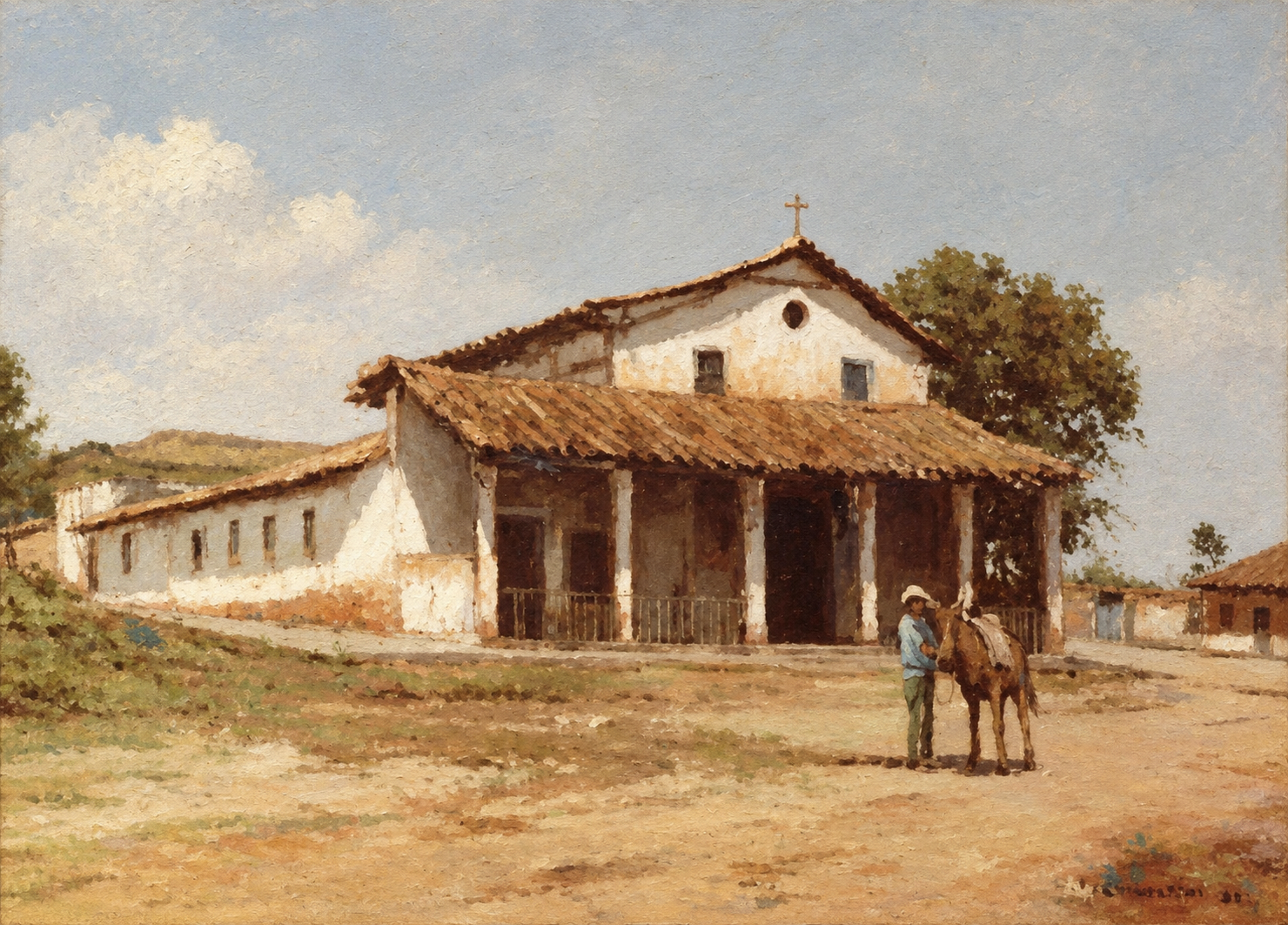 Capela de São Miguel — Capela com alpendre, acompanhada de uma figura e um animal.